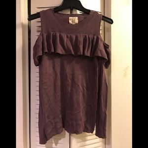 Purple cold shoulder ruffle sweater